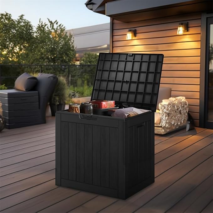 36 Gallon Outdoor Deck Box,Storage Lockable Waterproof Patio Furniture,Garden Tools,Cushions,Pool Accessories Outside Storage Resin Box(Black)-CasaMuseHome