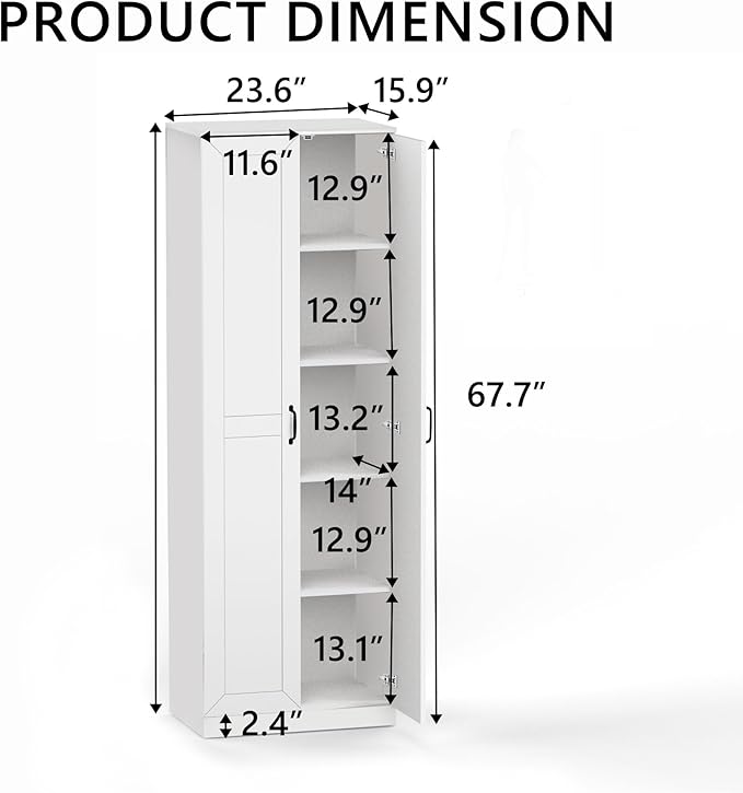 71" Tall Pantry Cabinet/Storage Cabinet, Wood Cupboard with 2 Door and 3 Adjustable Shelves for Kitchen, Dining Room, Living Room, Bathroom (Style 2)-CasaMuseHome