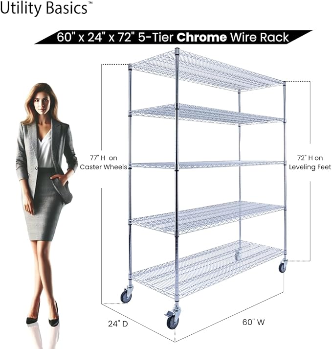 60"x24"x72" Chrome 5-Tier PREMIUM Wire Shelving NSF 4000 LBS MAX CAPACITY Heavy Duty Steel Storage Rack for Warehouses, Garages, Hospitals, Commercial Spaces, & Schools w/PREMIUM WHEELS-CasaMuseHome