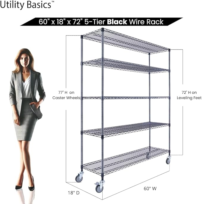 60"x18"x72" Black 5-Tier Premium Wire Shelving NSF 4000 LBS MAX Capacity Heavy Duty Steel Storage Rack for Warehouses, Garages, Hospitals, Commercial Spaces, & Schools w/Premium Wheels-CasaMuseHome