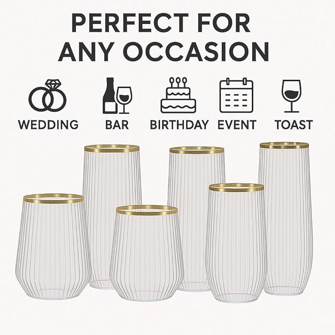 24 Pack Ribbed Origami Ripple Plastic Glasses, 12-9 Ounce Stemless Champagne Flutes & 12-12 Ounce Cups, BPA-Free Disposable Shatterproof Toasting Glasses for Weddings, Bars, and Events (Gold Rim)-CasaMuseHome