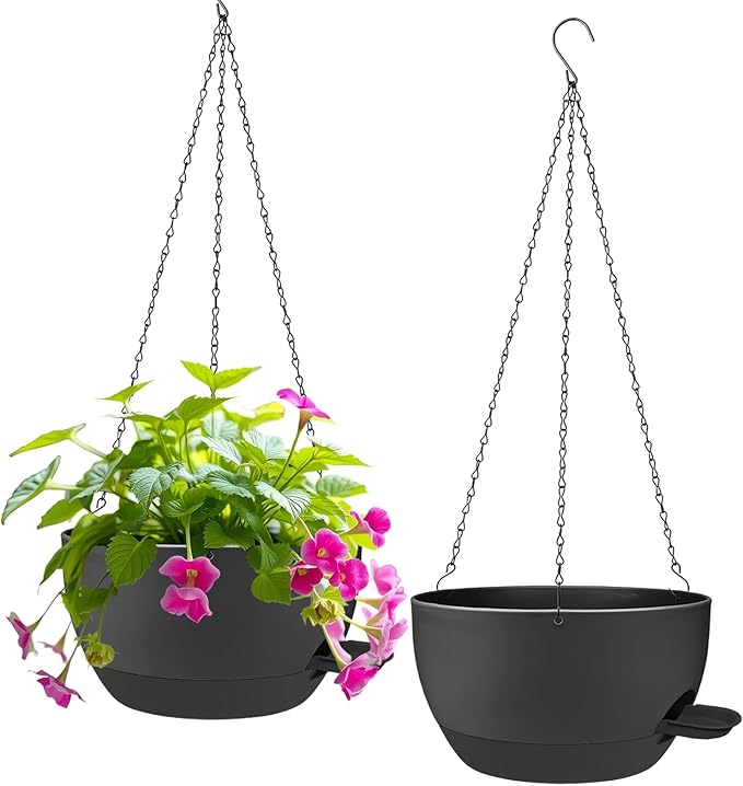 2 Pack Hanging Planters for Indoor Outdoor Plants, 12 Inch Self Watering Hanging Pot with Drainage Holes and Saucer, Plastic Plant Pots, Black Flower Pots for Kitchen, Balcony, Garden-CasaMuseHome