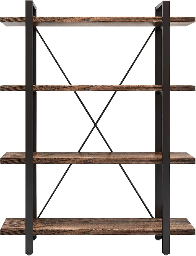 4 Tier Bookshelf Solid Wood Bookcase and Book Shelves Wood and Metal Shelving Rustic Open Bookshelf Office,Distressed Brown (AY-02-4Tier)-CasaMuseHome
