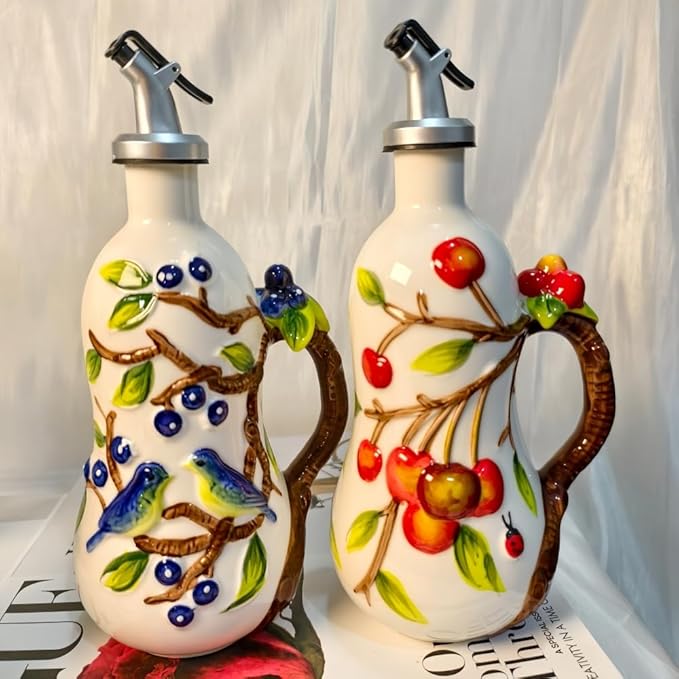 18.26oz/540ml Ceramics Olive Oil Dispenser Bottle,Hand Painted Reliefs Oil Dispenser for Kitchen,Oil Bottles for Kitchen (Cherry)-CasaMuseHome