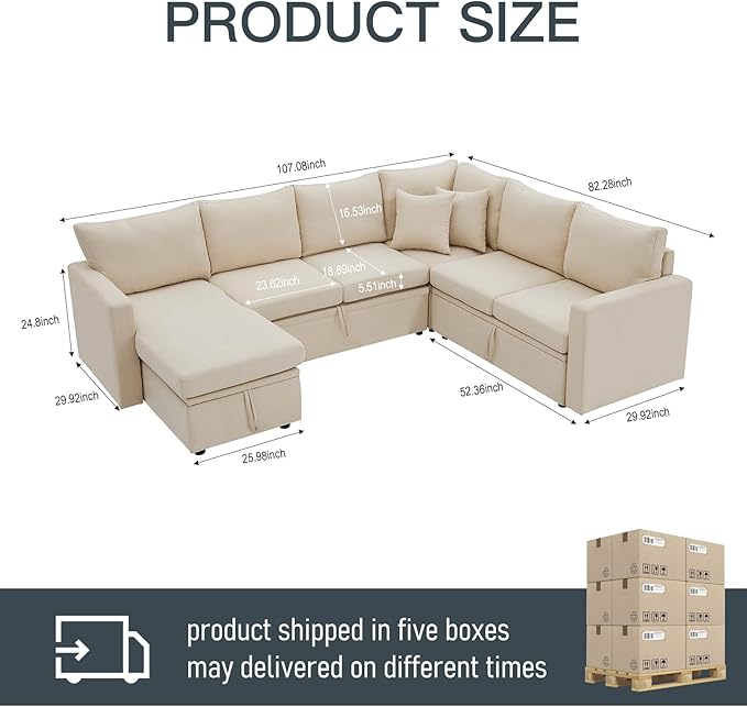 7 - Seater Sofa Bed, Large U - Shaped Modular Sectional Sofa, Oversized Pull - Out Sleeper with Storage for Living Room, Beige-CasaMuseHome