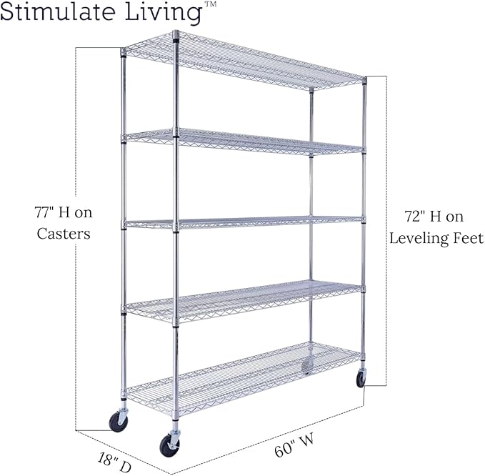 60"x18"x72" PRIME HEAVY DUTY Chrome 5-Tier Wire Shelving 4000 LBS MAX Capacity Storage Rack for Commercial, School, Home, Garage, Warehouse, Industrial, and Hospital Uses (with Wheels)-CasaMuseHome