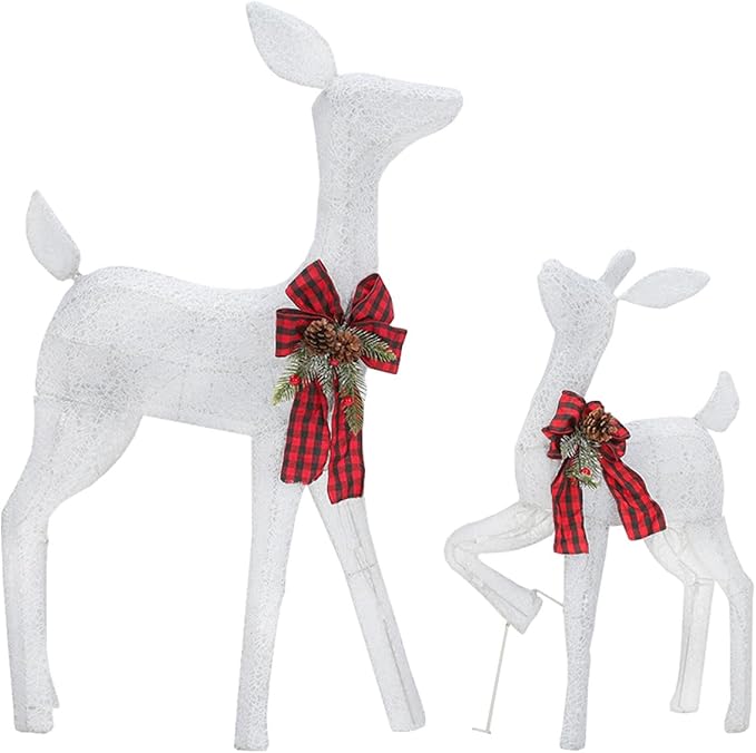 2 Pcs Reindeer Christmas Decoration, Xmas Lighted White Shimmering Doe and Fawn Display Set with 105 Warm White Lights for Yard Lawn Indoor Outdoor-CasaMuseHome