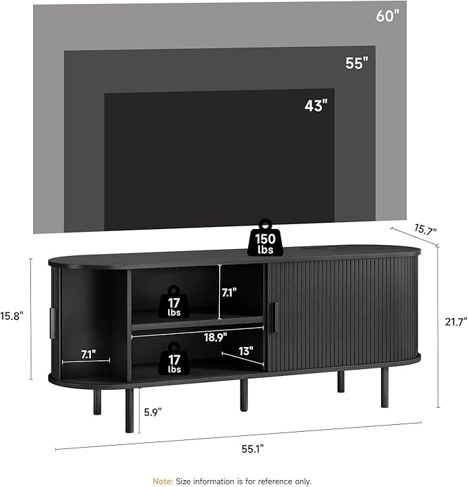 55" TV Stand with Power Outlet, Modern Media Console with Sliding Doors, Entertainment Center for TVs up to 60 Inch, Adjustable Shelves, Black-CasaMuseHome