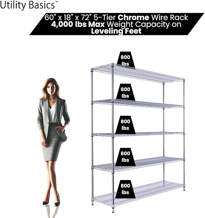 60"x18"x72" Chrome 5-Tier PREMIUM Wire Shelving NSF 4000 LBS MAX CAPACITY Heavy Duty Steel Storage Rack for Warehouses, Garages, Hospitals, Commercial Spaces, & Schools w/PREMIUM WHEELS-CasaMuseHome
