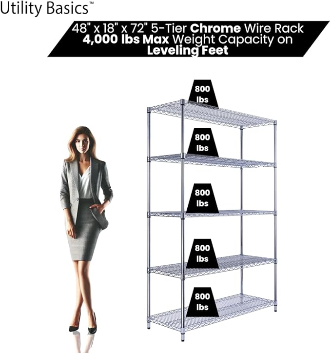 48"x18"x72" Chrome 5-Tier PREMIUM Wire Shelving NSF 4000 LBS MAX CAPACITY Heavy Duty Steel Storage Rack for Warehouses, Garages, Hospitals, Commercial Spaces, & Schools w/PREMIUM WHEELS-CasaMuseHome