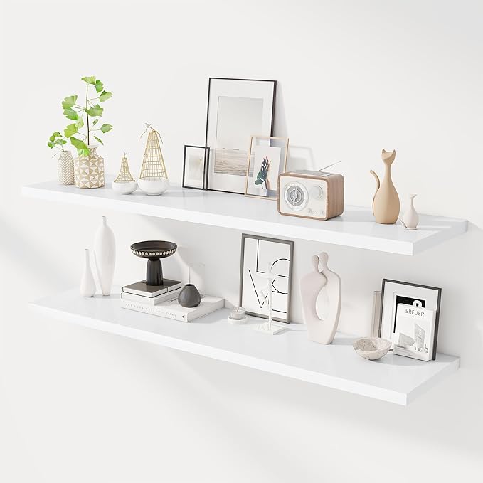 55" Floating Shelves for Wall, 12" Deep Slim White Floating Shelves, Wall-Mounted Shelves for Bedroom, Living Room, Kitchen, Bathroom - Set of 2-CasaMuseHome