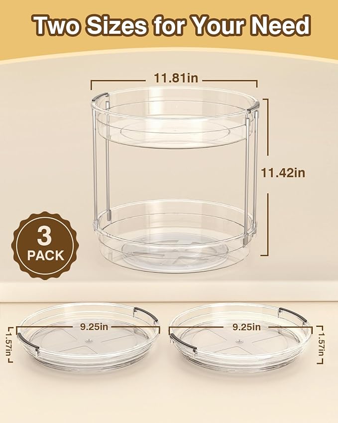 2 Pack Lazy Susan Organizer 9.25''and 11.81'' Two-Tier Lazy Susan Turntable for Cabinet, Spice Rack, and Pantry Storage - Spinning Makeup Organizer for Bathroom, Clear-CasaMuseHome