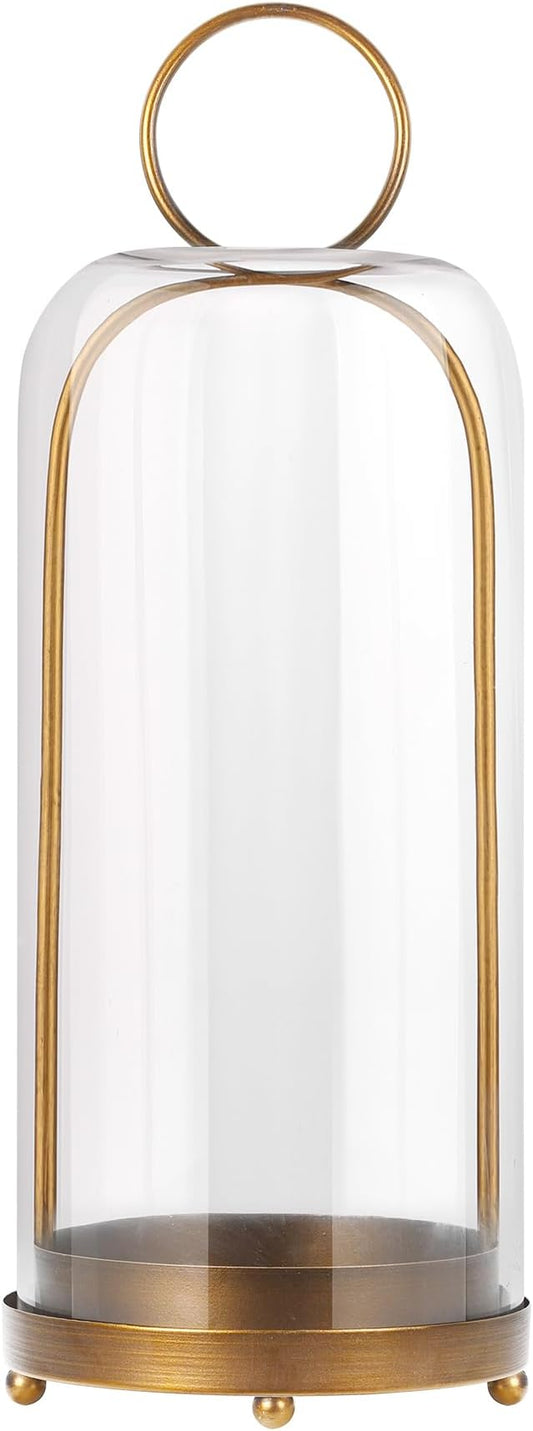 20" High Versatile Modern Metal Hurricane Lantern with Handmade Sturdy Glass Dome for Pillar Candle & Plants (Brass, 7.5"x20")-CasaMuseHome