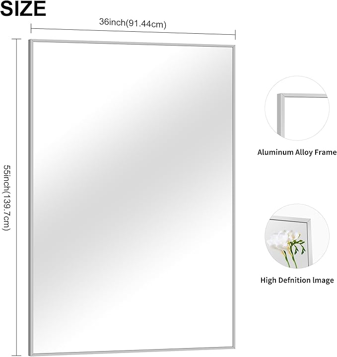 36x55inch Bathroom Mirror, Silver Rectangle Mirror with Thin Metal Frame, Large Rectangular Wall Mirrors for Bathroom, Living Room, Hair Salon, Big Mirror Hang Horizontal/Vertical-CasaMuseHome