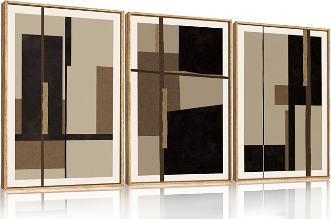 Abstract Shapes Framed Canvas Wall Art Set, Mid-Century Black Polygon Wall Decor, Black Brown Irregular Painting, Neutral Modern Art Print for Living Room, Dining Room, Office - 16"x24"x3-CasaMuseHome