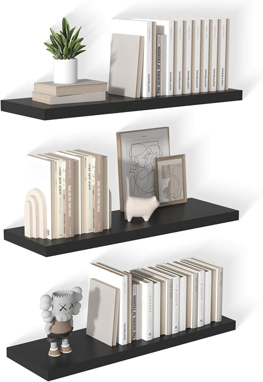 12 Inch Deep Floating Shelves for Wall 3 Pack Floating Shelves Large Storage Space Wall Mount Shelf for Living Room Kitchen Bathroom 36" W x 12" D x 1.2" H Black-CasaMuseHome