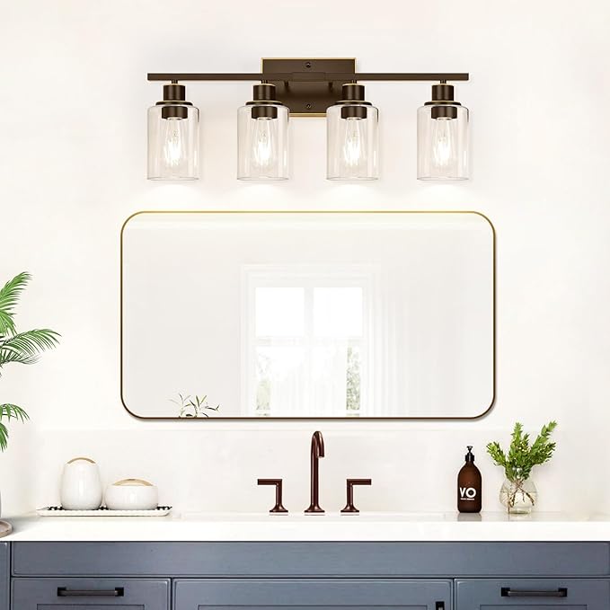 4 Light Bathroom Light Fixtures, Oil-Rubbed Bronze Modern Vanity Lights with Clear Glass Shades, Bathroom Wall Lamp for Mirror Living Room Cabinet-CasaMuseHome