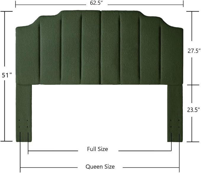 24KF Dark Green Teddy Fabric Tufted for Queen Upholstered Headboard, Modern Vertical Channel Design Full Headboard with Stepped Silhouette Top Edge, 6026-Q-Teddy Dark Green-CasaMuseHome