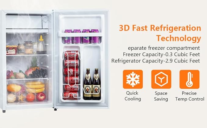 3.2 Cu.Ft Mini Fridge with Freezer, Small Refrigerator with Single Door and Adjustable Thermostat, Shelf, Energy Efficient, Compact Fridge for Bedroom, Office，white-CasaMuseHome