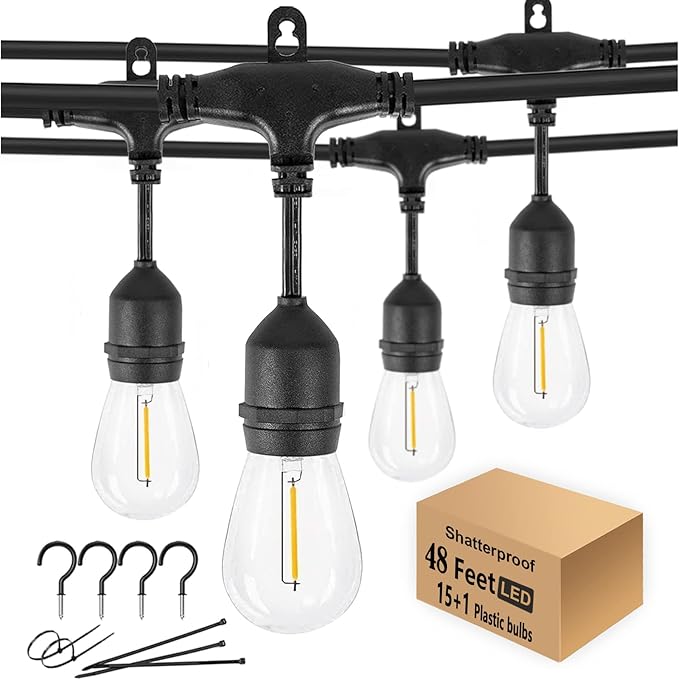 48FT Outdoor String Lights LED Heavy-Duty Waterproof Patio Lights with 16 Shatterproof Plastic 2200K Warm White Bulbs for Patio Gazebo Pergola Cafe Market Bistro-CasaMuseHome