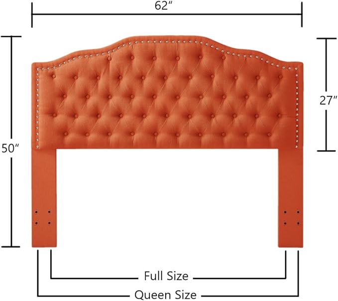 24KF Upholstered Button Tufted Queen Headboard with Nailhead Trim, Elegant Boucle Fabric Full headboard, 6031-Q-Boucle-Orange-CasaMuseHome