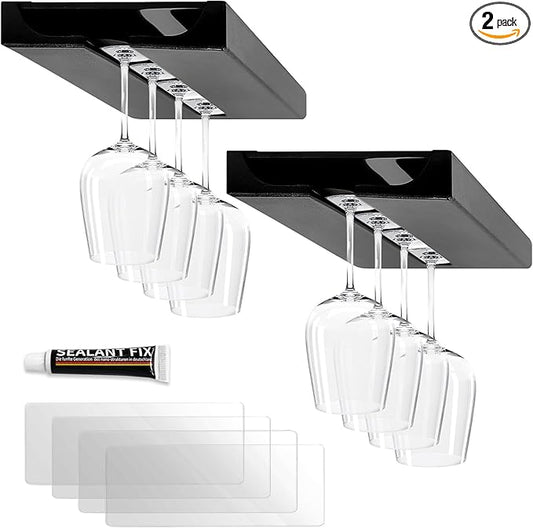 2PC Black Wooden Hanging Wine Glass Rack - Wall Mount Stemware Holder 25.3x11x2 cm - Space Saving Bar Organizer for Kitchen, Dining Room Home Decor (2pc)-CasaMuseHome