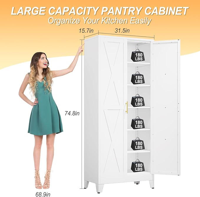 75" Tall Metal Kitchen Pantry Storage Cabinet, Freestanding Cupboard with 2 Doors and 5 Adjustable Shelves, Standing Storage for Kitchen, Bathroom, Garage, Dinning Room or Utility Room（White）-CasaMuseHome
