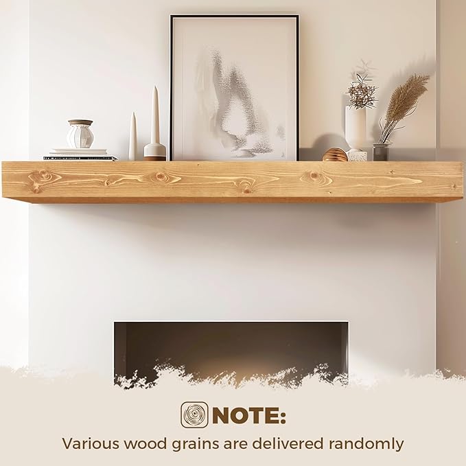 72x8x5 Fireplace Mantel - Handcrafted Rustic Solid Wood Wall Mounted Floating Shelf with Invisible Heavy Duty Wood Bracket (Natural)-CasaMuseHome