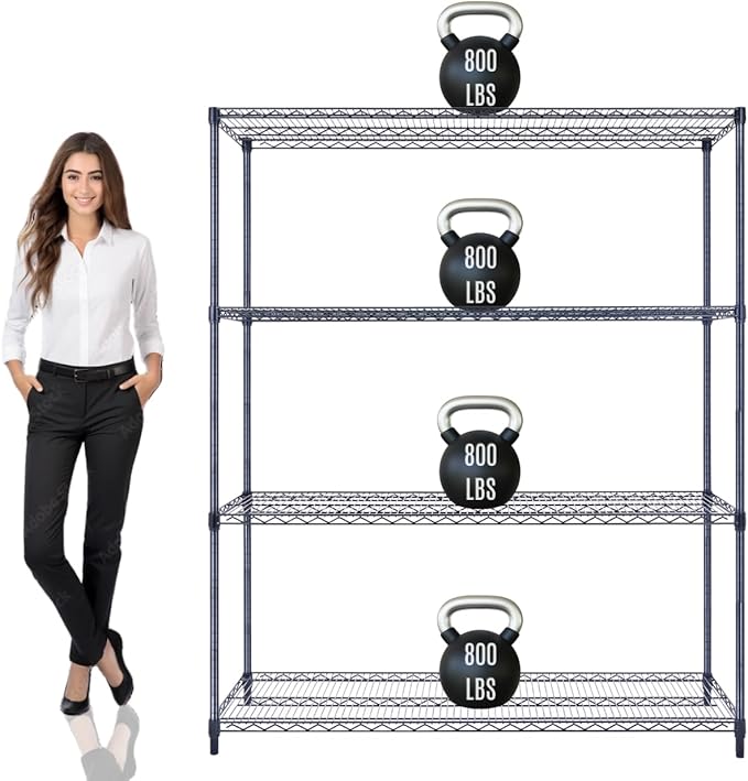 60"x18"x72" Prime Heavy Duty Black 4-Tier Wire Shelving NSF 3200 LBS MAX Capacity Storage Rack for Commercial, Hospital, School, Garage, and Kitchen Uses (with Wheels)-CasaMuseHome