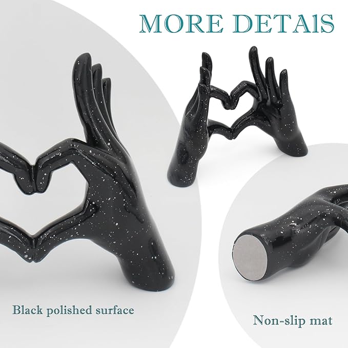 Accessoryway Black Heart Hands Decor Sculpture,Small Love Finger Gesture Decorative Sculpture for Wedding Dresser Shelves Desktop Knick Knacks Home Decor & Ring-Holder Display Stand-CasaMuseHome
