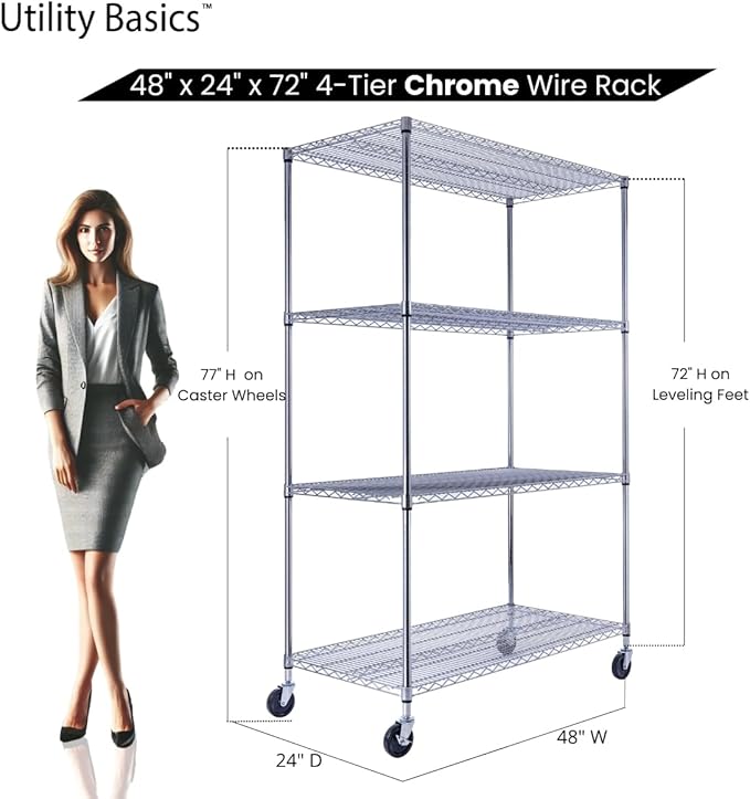 48"x24"x72" Chrome Premium Metal Steel Wire Shelving 4-Tier NSF 3200 LBS MAX Capacity Heavy Duty Storage Rack for Garages, Commercial Spaces, Hospitals, & Schools w/Premium Wheels-CasaMuseHome