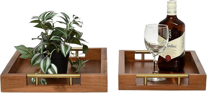 Set of 2 Acacia Wood Serving Trays with Gold Metal Handles for Food Serving, Appetizers & Snacks - Ideal for Bed, TV, Ottoman or Coffee Table Décor, Home Decoration Accessory 15.75x11.8 Inch-CasaMuseHome