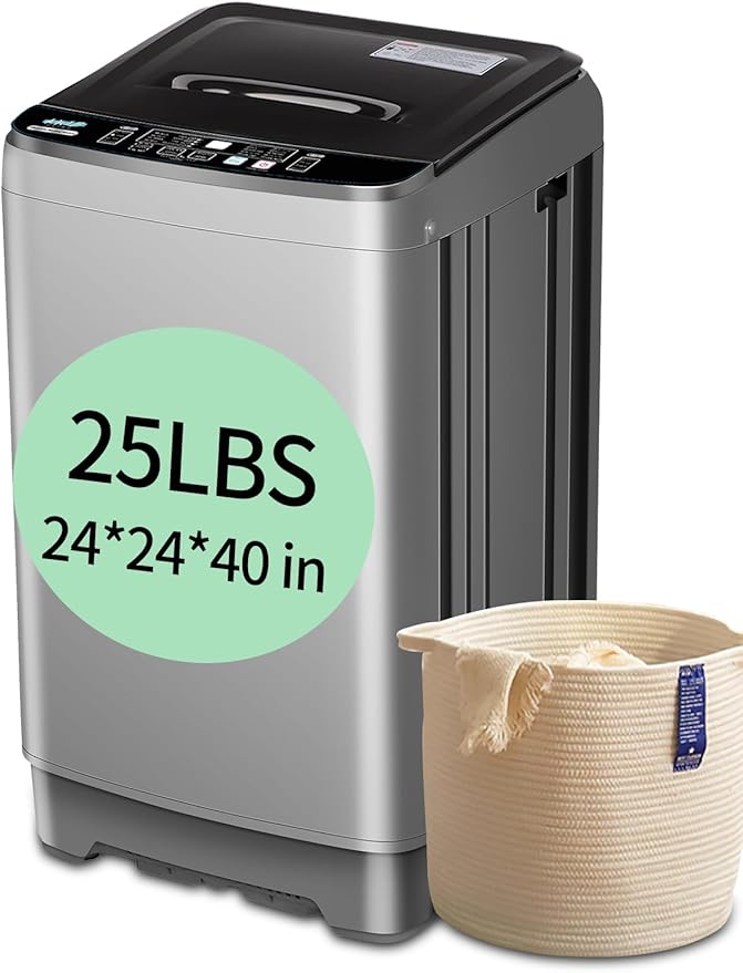 25 lbs Full Automatic Washing Machine with LED Display Compact Washing Machine with Drain Dump, 10 Wash Programs and 8 Water Levels Ideal for Dorms, Apartments, RV, Grey-CasaMuseHome