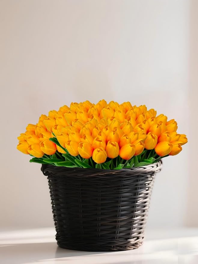 15 Heads Artificial Flowers PU Real Touch Tulip Bouquets Orange Tulips Faux Tulips Latex Fake Flower Bouquet for Spring Wedding Home Décor Centerpiece Arrangements-CasaMuseHome