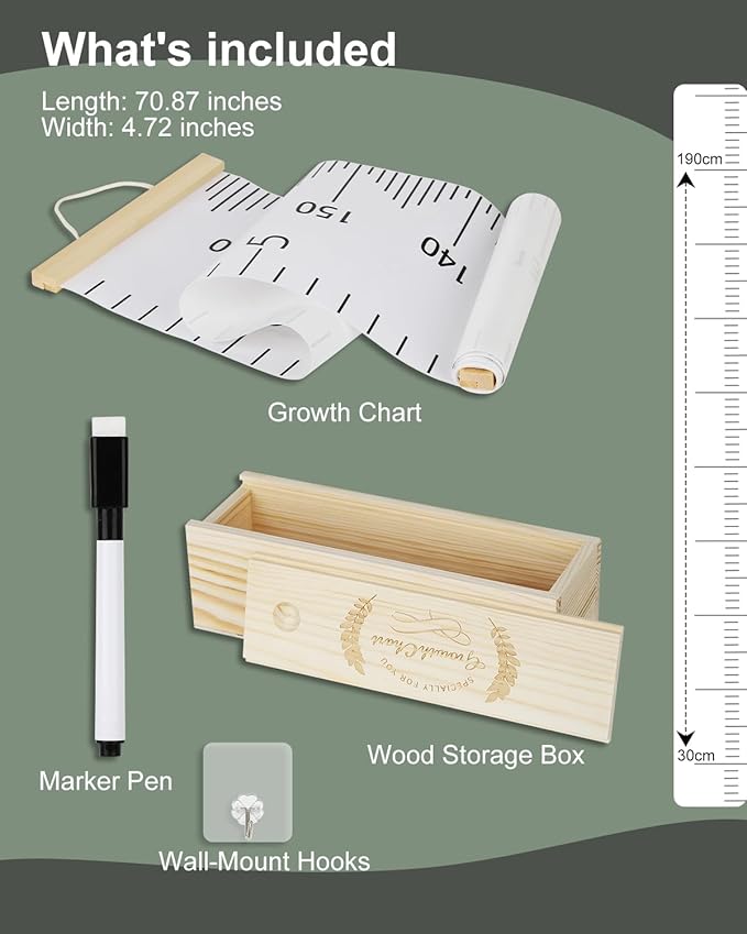 6.5FT Growth Chart for Kids with Wooden Keepsake Box - Children Height Measurement Kit Includes Marker Pen & Wall Hook, Height Tracker Ruler Baby Essentials, Nursery Room Decor Gift for Baby to Teen-CasaMuseHome