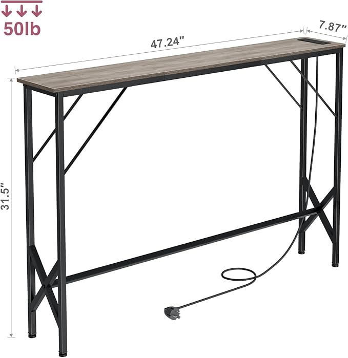 47.2'' Console Table, Skinny Entryway Table with Fast-Charging Station, Narrow Long Sofa Table, Behind Slim Couch Table for Entrance, Hallway, Living Room Decor ST-GY120-1-CasaMuseHome