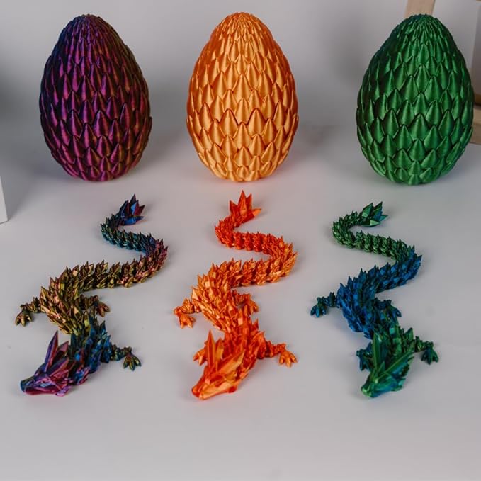 3PCS 3D Printed 12” Articulated Crystal Dragon Inside 5.1” Egg – Fantasy Collectible, Fidget Toy & Stocking Easter Basket Stuffers for Home & Office Decor (3PCS-Egg)-CasaMuseHome