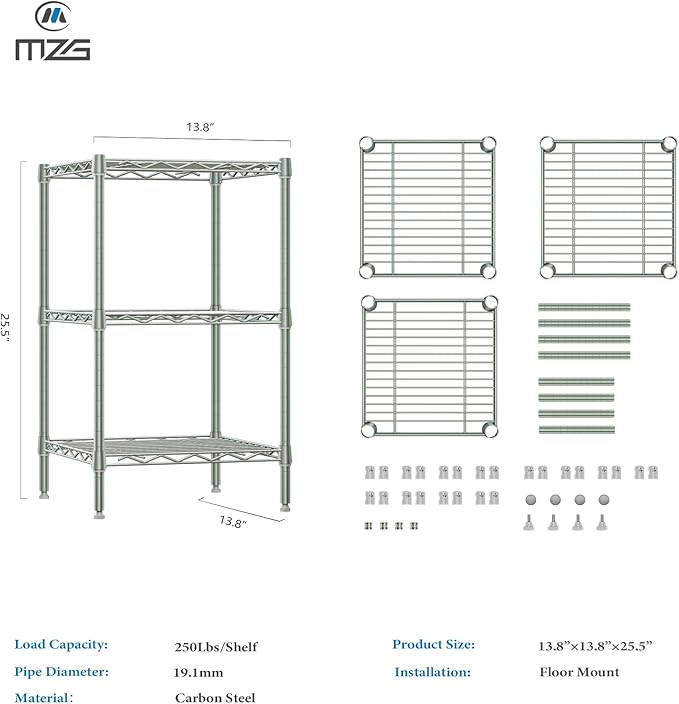 750 lbs 3-Shelf Storage Shelves Wire Shelving Unit Standing Metal Rack for Small Places Narrow Wire Rack for Bathroom, Green 13.8 D x 13.8" W x 25.5" H-CasaMuseHome