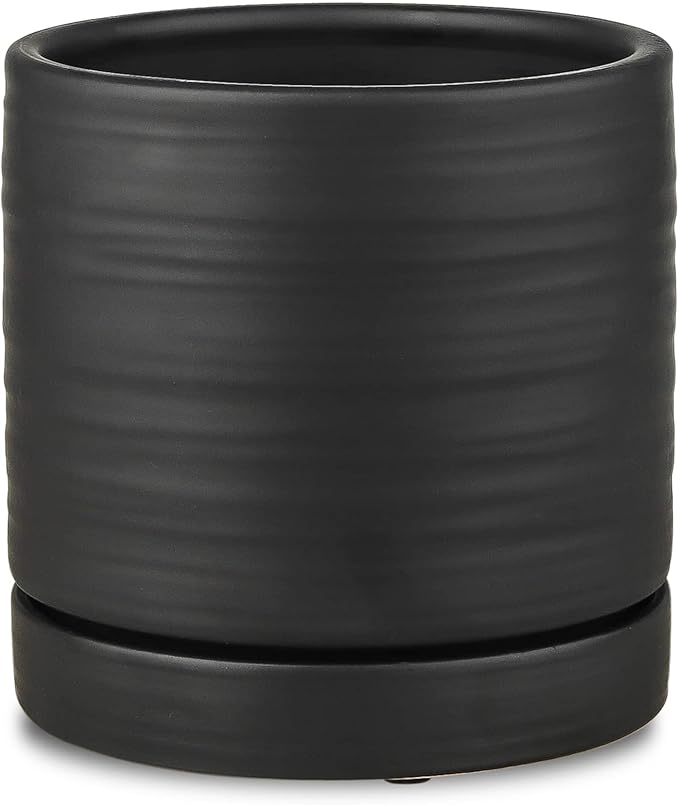 6 Inch Plant Pots, Ceramic Planter Pot with Drainage Hole & Saucer, Indoor/Outdoor Cylinder Round Planter Pot, Matte Black-CasaMuseHome