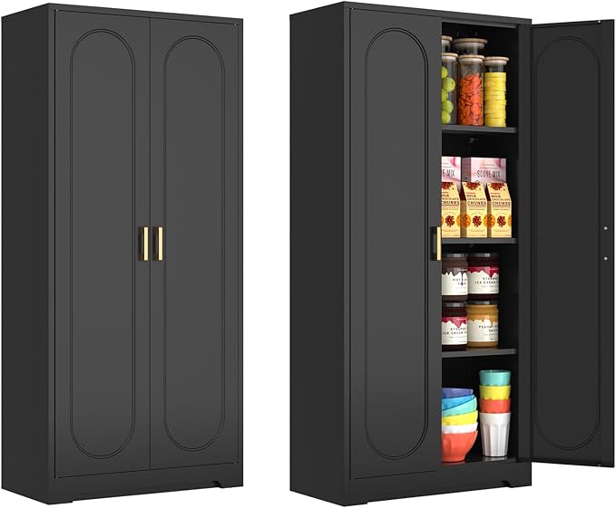 60" Tall Kitchen Pantry Cabinet, Metal Pantry Cabinet with Doors and Adjustable Shelves, Black Utility Storage Cabinet with Handles for Dining Room, Bathroom, Laundry Room - Assemble Required-CasaMuseHome