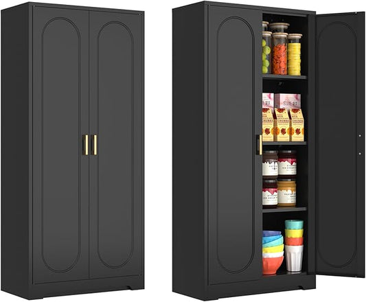 60" Tall Kitchen Pantry Cabinet, Metal Pantry Cabinet with Doors and Adjustable Shelves, Black Utility Storage Cabinet with Handles for Dining Room, Bathroom, Laundry Room - Assemble Required-CasaMuseHome