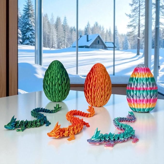 3PCS 3D Printed 12” Articulated Crystal Dragon Inside 5.1” Egg – Fantasy Collectible, Fidget Toy & Stocking Easter Basket Stuffers for Home & Office Decor (3pcs - Rainbow)-CasaMuseHome