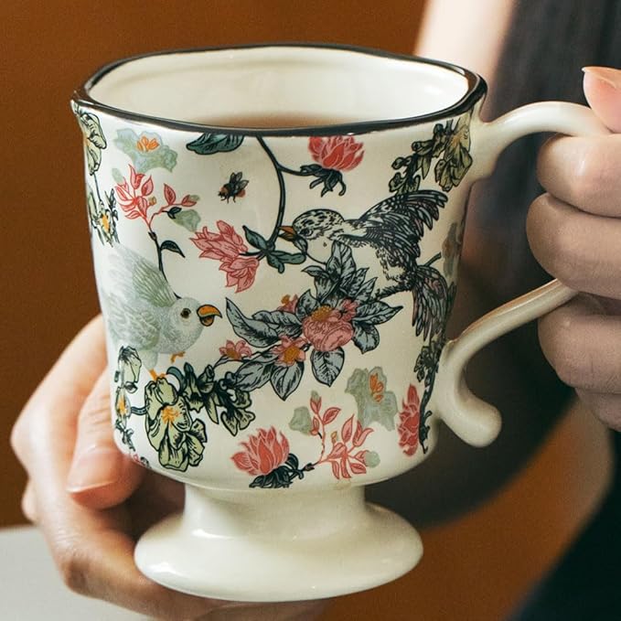 360ml -12.17oz Painted Floral & Bird Ceramic Mug - Cute Coffee Cup for Latte, Espresso - Gift for Women, Dishwasher Safe-CasaMuseHome
