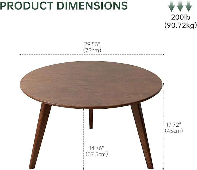 100% Solid Oak Wood Mini Coffee Table, Round Side Table w/Solid Wood Legs, Walnut Mid Century Coffee Table w/Sturdy Frame for Bedroom Balcony Living Room (29.53" D x 17.72" H)-CasaMuseHome