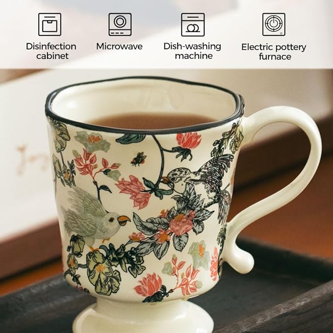 360ml -12.17oz Painted Floral & Bird Ceramic Mug - Cute Coffee Cup for Latte, Espresso - Gift for Women, Dishwasher Safe-CasaMuseHome