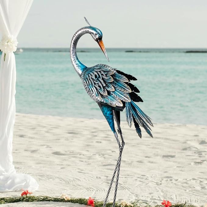 37 Inch Blue Heron Crane Statue, Metal Yard Art Outdoor Decoy, Garden Sculpture for Lawn/Pond Decoration, 1Pc, ORTBL-CR24053A-18-CasaMuseHome