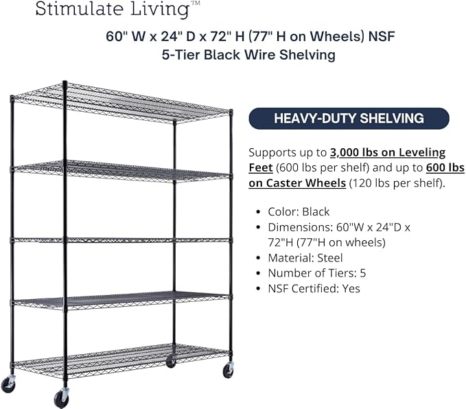 60"x24"x72" PRIME HEAVY DUTY Black 5-Tier Wire Shelving NSF 3000 LBS MAX Capacity Storage Rack for Commercial, School, Home, Garage, Warehouse, Industrial, and Hospital Uses (with Wheels)-CasaMuseHome