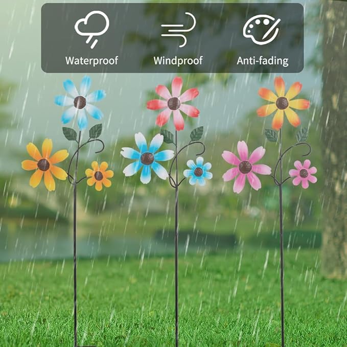 3 Pack Spring Garden Stakes Decor,Metal Flowers Decorative Garden Stakes,Waterproof Metal Yard Art for Outside,Lawn,Patio,Yard(23.1 * 6.7IN)-CasaMuseHome