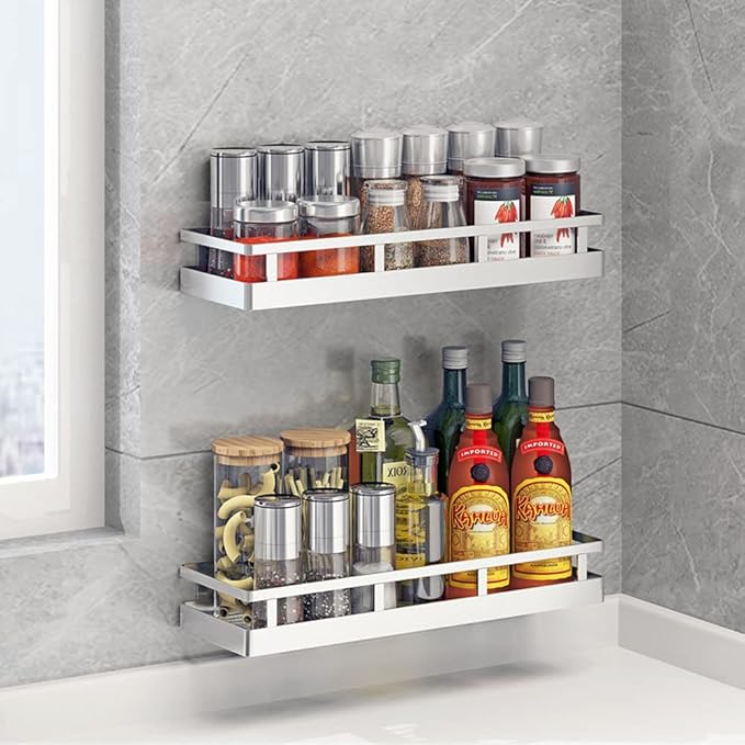 2PCS Kitchen Spice Rack, SUS304 Stainless steel Wall Mount Storage Rack, Seasoning Container, 15.7Inch Spice Organizer, Kitchen Seasoning Hanging Rack, Bathroom Shelf for Storing Toiletries-CasaMuseHome