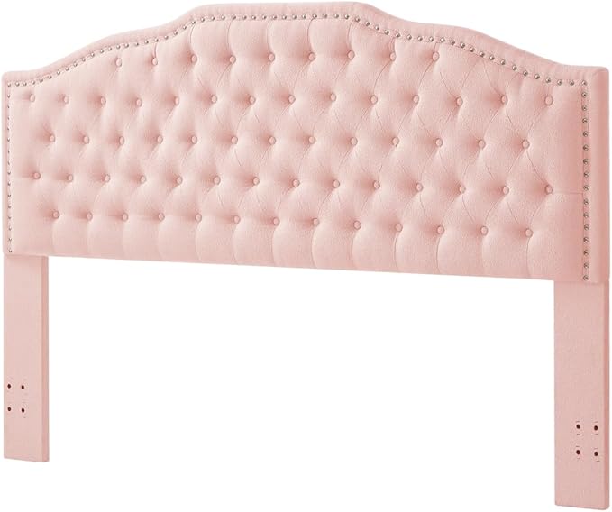 24KF Upholstered Button Tufted King Size Headboard with Nailhead Trim, Elegant Boucle Fabric California King headboard, 6031-K-Boucle-Pink-CasaMuseHome